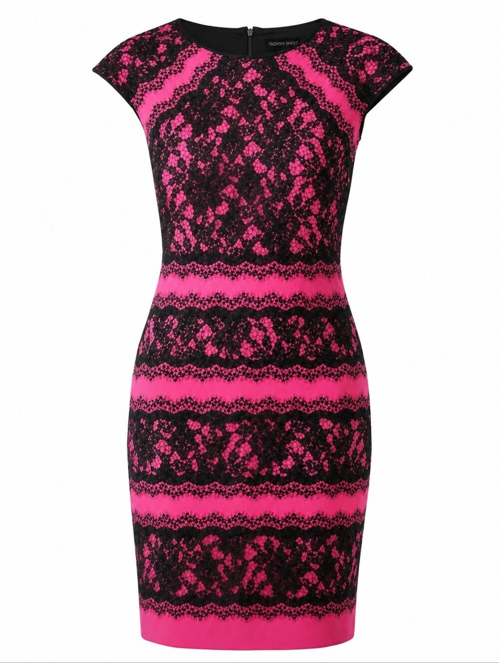 TADASHI SHOJI | Pink Black Lace Scuba Bodycon Whimsigoth Party Midi Dress | 6